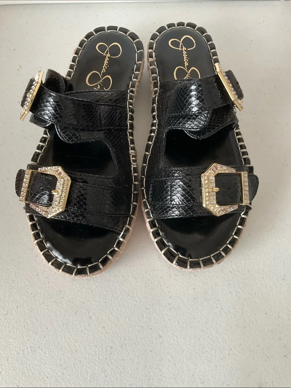 Jessica Simpson Chandria Metallic Silver Snakeskin Buckle Slide Sandals (NWOT)